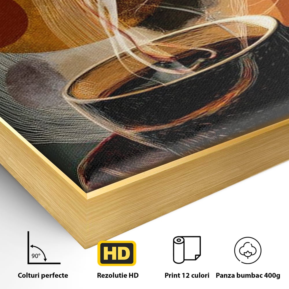 Detaliu al suprafetei: tablou canvas cu ceasca de cafea, in rama de aluminiu auriu